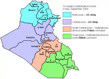 Zones in Iraq in 2003. Polish zone (South Central), marked in pink.