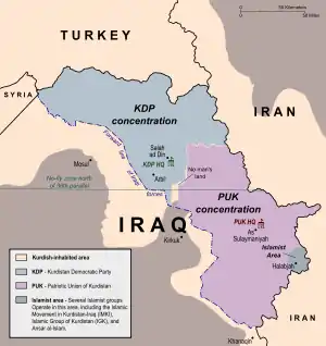 Image 14The Kurdistan Region became politically divided with two administrations (the 50:50 system) with KDP controlling the Erbil and Duhok Governorates, while PUK took control of Sulaymaniyah Governorate to the east. (from Kurdistan Region)