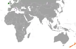 Map indicating locations of Ireland and New Zealand