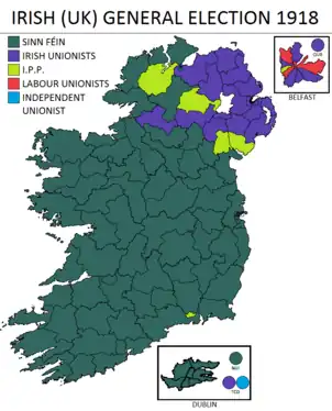 Colour-coded map of Ireland, illustrating the results of the 1918 election