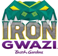 A script text of "Iron Gwazi Busch Gardens", with the word "Iron" being at the top, followed by the next line word "Gwazi" and then "Busch Gardens" at the bottom. The word "Iron" appears slightly larger than "Gwazi", with "Busch Gardens" being the smallest text centered. "Iron" is colored silver, with a darker green hue outlining the text at the top which transitions into a yellow gradient towards the bottom of the word. The words "Gwazi" and "Busch Gardens" are colored purple, with "Busch Gardens" appearing in a slanted text. Atop the script text is a geometric crocodile colored in shades of green and yellow. The crocodile appears to sink its white teeth into the "Iron" text, with yellow appearing on one of the scales on its head, its eyes, and its nostrils.