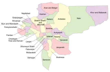 Location of Khansar County in Isfahan province (top left, green)