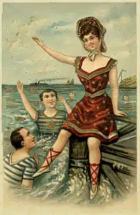 An old European postcard. This postcard features three people out at sea. Two people are swimming, while the third person sits atop a dock. This postcard was edited to make the album cover.