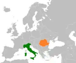 Map indicating locations of Italy and Romania