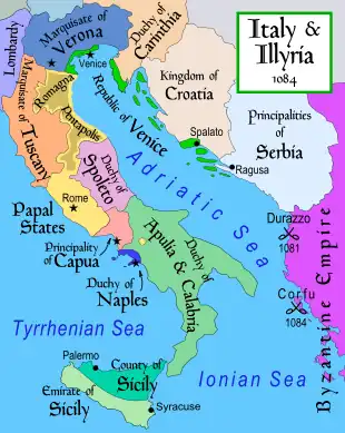 Multicoloured map of Italian peninsula, showing smaller states