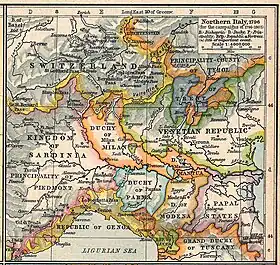 Northern Italy in 1796. Modena and Papal Legations (all lower right) were merged into the Cispadane Republic.