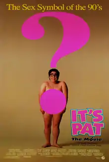 A large person stands naked in the center of the poster, with a big pink question mark covering their body