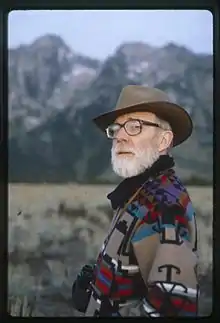 Teton range, Wyoming - Closeup of Ivan Doig at base of mountains (Photo by Carol Doig)