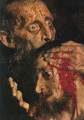 Detail of the painting. The face of the terrified Czar and that of his bleeding and crying son.