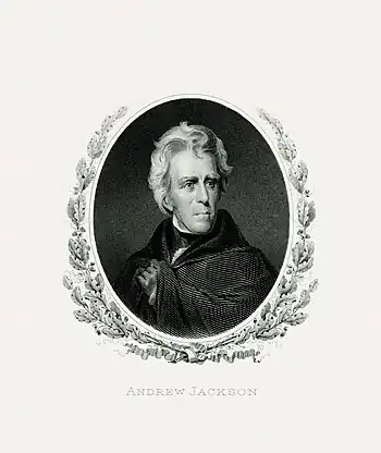 Engraved portrait of Jackson as president by the Bureau of Engraving and Printing. This portrait has appeared on the $20 bill since 1929..mw-parser-output cite.citation{font-style:inherit;word-wrap:break-word}.mw-parser-output .citation q{quotes:"\"""\"""'""'"}.mw-parser-output .citation:target{background-color:rgba(0,127,255,0.133)}.mw-parser-output .id-lock-free a,.mw-parser-output .citation .cs1-lock-free a{background:url("//upload.wikimedia.org/wikipedia/commons/6/65/Lock-green.svg")right 0.1em center/9px no-repeat}.mw-parser-output .id-lock-limited a,.mw-parser-output .id-lock-registration a,.mw-parser-output .citation .cs1-lock-limited a,.mw-parser-output .citation .cs1-lock-registration a{background:url("//upload.wikimedia.org/wikipedia/commons/d/d6/Lock-gray-alt-2.svg")right 0.1em center/9px no-repeat}.mw-parser-output .id-lock-subscription a,.mw-parser-output .citation .cs1-lock-subscription a{background:url("//upload.wikimedia.org/wikipedia/commons/a/aa/Lock-red-alt-2.svg")right 0.1em center/9px no-repeat}.mw-parser-output .cs1-ws-icon a{background:url("//upload.wikimedia.org/wikipedia/commons/4/4c/Wikisource-logo.svg")right 0.1em center/12px no-repeat}.mw-parser-output .cs1-code{color:inherit;background:inherit;border:none;padding:inherit}.mw-parser-output .cs1-hidden-error{display:none;color:#d33}.mw-parser-output .cs1-visible-error{color:#d33}.mw-parser-output .cs1-maint{display:none;color:#3a3;margin-left:0.3em}.mw-parser-output .cs1-format{font-size:95%}.mw-parser-output .cs1-kern-left{padding-left:0.2em}.mw-parser-output .cs1-kern-right{padding-right:0.2em}.mw-parser-output .citation .mw-selflink{font-weight:inherit}"$20 Note: Issued 1914–1990" (PDF). U.S. Currency Education Program. Archived from the original (PDF) on February 4, 2020.