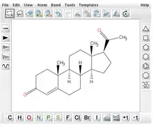 Computer display showing a two-dimensional molecule model in black and white, with red oxygen.