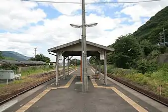 A view of the station platforms. The siding can be seen branching off to the left of the picture.