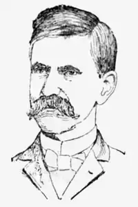 A black and white portrait illustration of a man with a mustache wearing a suit