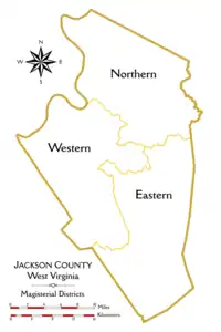 Outline map of Jackson County, West Virginia, showing the boundaries and names of the three current magisterial districts.