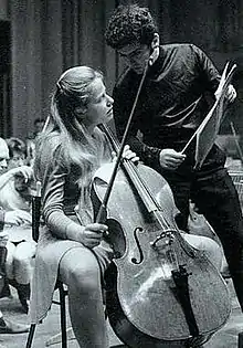 Du Pré with the Davidov Stradivarius cello and Daniel Barenboim (date unknown)