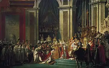 Image 6The Coronation of NapoleonPainting by Jacques-Louis David and Georges RougetThe Coronation of Napoleon, a painting by Jacques-Louis David depicting Napoleon Bonaparte's self-coronation as Emperor of France on December 2, 1804. The act took place in Notre-Dame de Paris, during which Napoleon, eschewing tradition, took the crown and placed it on his own head. The nearly 10 by 6 m (32.8 by 19.7 ft) work was commissioned before the coronation and completed in 1807.More featured pictures