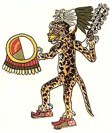 Victim of the ritual sacrificial combat named Sacrificio Gladiatorio in spanish and Tlahuahuanaliztli o tlauauaniliztli in nahuatl, as portrayed in the folio 30r