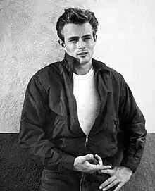 Dean in Rebel Without a Cause wearing a bomber jacket and Lee jeans, circa 1955