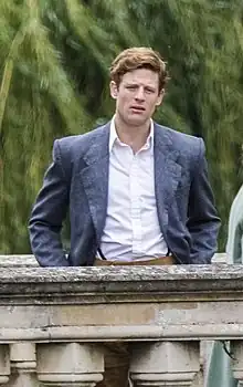 James Norton filming TV series Grantchester on Clare College Bridge in Cambridge in 205