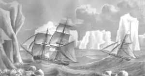 Stylized drawing of two sailing ships caught in rough seas, surrounded by towering icebergs.