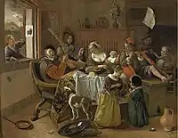 A mock-up of The_Happy_Family by Jan Steen (1668) with The Goldinch (outlined in white) on the window jamb to show how it might have been displayed.