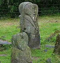 Stone idols, Boa Island, County Fermanagh, c. 400–800 AD. Left: the Lustymore idol, right: the Boa Island Janus.