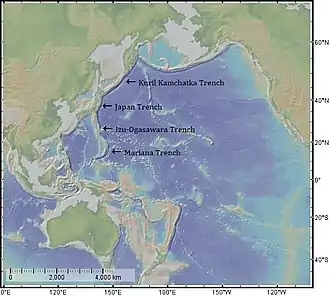 Image 79Map depicts the Kuril–Kamchatka Trench, Japan Trench, Izu–Ogasawara Trench and Mariana Trench. (from Geography of Japan)