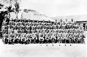 Japanese commanders of Okinawa (photographed early in February 1945). In center: (1) Admiral Minoru Ota, (2) Lt. Gen. Mitsuru Ushijima, (3) Lt. Gen. Isamu Cho, (4) Col. Hitoshi Kanayama, (5) Col. Kikuji Hongo, and (6) Col. Hiromichi Yahara