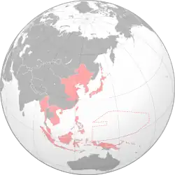 The Hong Kong occupation zone (dark red) within the Empire of Japan (light red) at its furthest extent