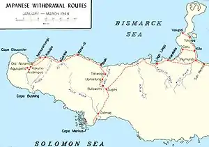 Map depicting the western end of New Britain and showing various tracks and routes