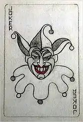 Sketch of a playing card with a grinning Joker