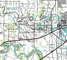 Topographical map of the airport, with the Central Prison Farm. To the west is the Jester Prison Farm (Jester I, Jester II (Carol Vance), Jester III, and Jester IV), July 1, 1990, U.S. Geological Survey