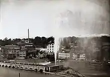 Black and white photography of an approximately 30 m high fountain on an island in the middle of the river Rhone. The water is partly blown away by the wind.