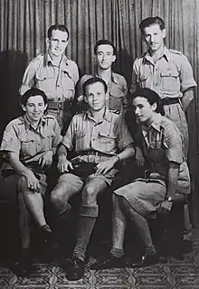 Group of Jewish paratroopers. From right to left, top row: Reuven Dafni, Zadok Doron, Abba Berdichev. Bottom row: Sara Braverman, Arieh Fichman, Haviva Reik