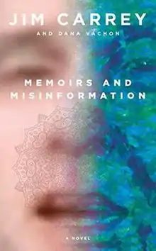 A photo of Carrey's face where the left side of the image is blurred and the right side has his facial features represented by blue and green swathes of paint; a large elaborate stamp in the middle straddles both sides