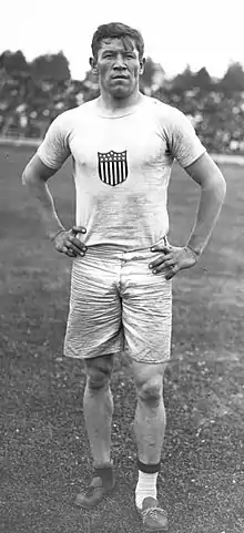 Image 10American athlete Jim Thorpe lost his Olympic medals, having taken expense money for playing baseball, violating Olympic amateurism rules, before the 1912 Games. (from Track and field)