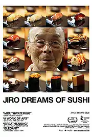 A bald elderly Japanese man wearing glasses, framed by twelve squares showing different types of sushi.