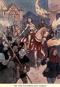 Joan of Arc riding into Orleans by torchlight