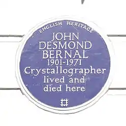 Blue plaque at No. 44, commemorating J. D. Bernal