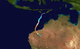 A map of a path across the eastern Indian Ocean near Australia. Most of the country can be seen in the right side of the image. Some of the Indonesian islands are visible at the top.