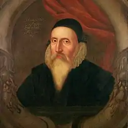 A painting of Dee with a beard and skullcap