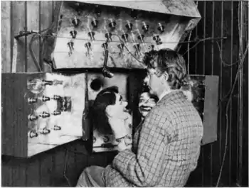 Image 10Baird in 1925 with his televisor equipment and dummies "James" and "Stooky Bill" (right). (from History of television)