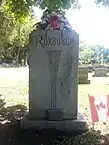 Tall and slender grey granite stone engraved with the Roxburgh family name and adorned with flowers