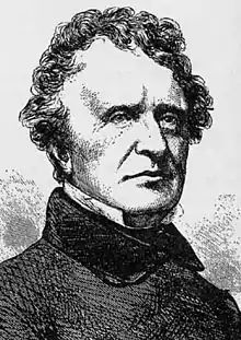 Black and white engraving of the bust of a middle-aged White man with plain countenance, curly hair, and a buttoned black coat