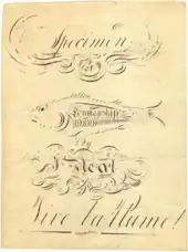 Black ink on yellowed paper displaying fancy line work and the fanciful image of a fish