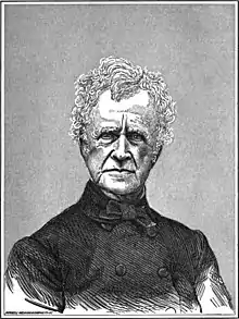 Black and white engraving of an old White man with serious countenance and a buttoned black coat