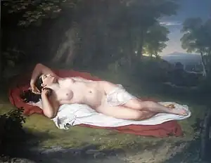 Image 39Ariadne Asleep on the Island of Naxos (1808–1812) by John Vanderlyn. The painting was initially considered too sexual for display in the Pennsylvania Academy of the Fine Arts. "Although nudity in art was publicly protested by Americans, Vanderlyn observed that they would pay to see pictures of which they disapproved." (from Nude (art))