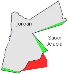 Image 31Image showing the approximate land exchanged in 1965 between Jordan (gaining green) and Saudi Arabia (gaining red). (from History of Jordan)