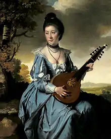 1766, England.Mrs. Robert Gwillym playing an English guitar, painting by Joseph Wright of Derby.