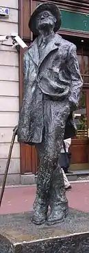 Bronze statue of Joyce standing in a coat and broadbrimmed hat: His head is cocked looking up, his left leg is crossed over his right, his right hand holds a cane, and his left is in his pants pocket, with the left part of his coat tucked back.